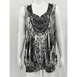 One World Top Womens 2X Black White Paisley Sleeveless Embellished Lace Y2K Boho